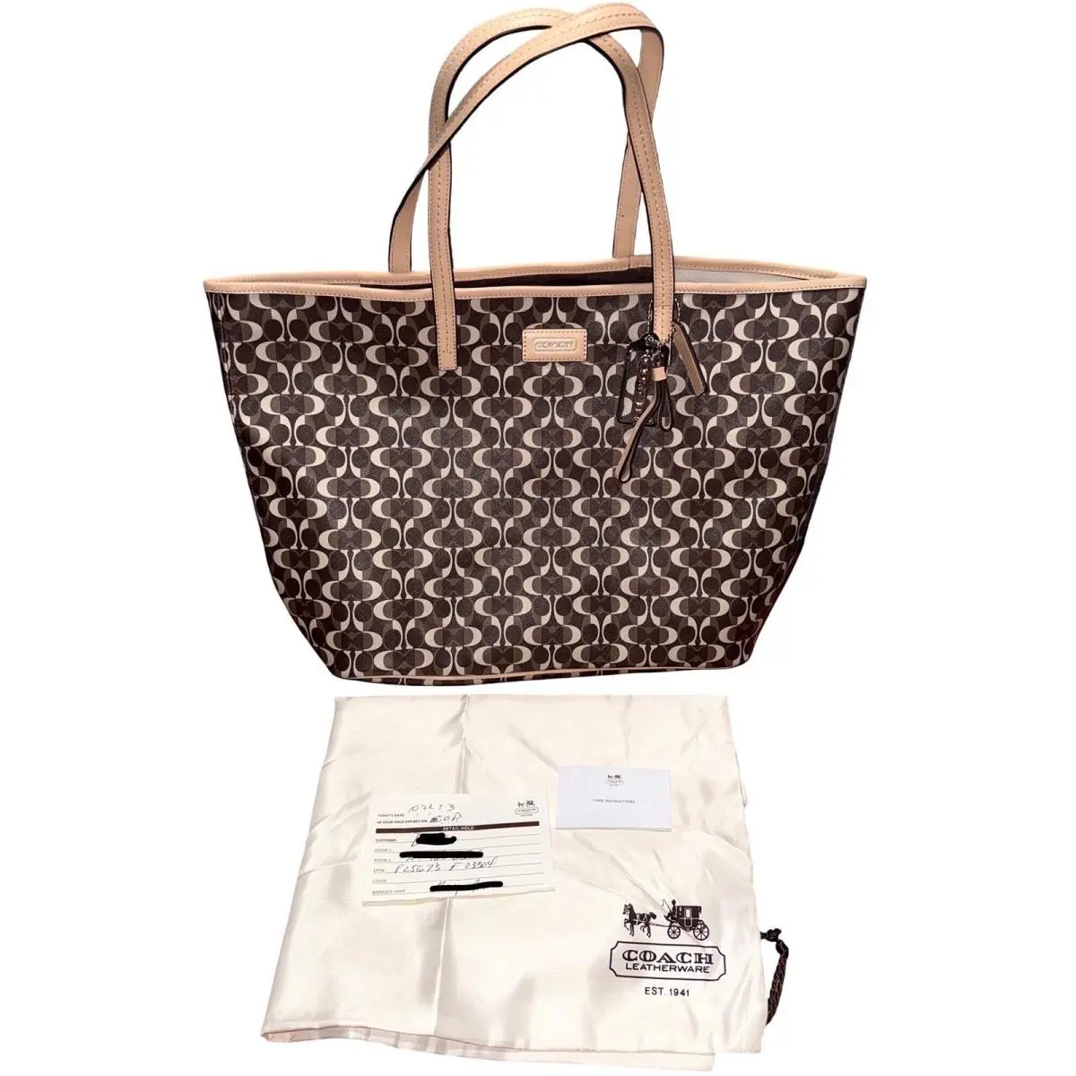 2013 Park Metro Splt Signature Tote Brown Tan Leather Trim F25673 Read by Coach