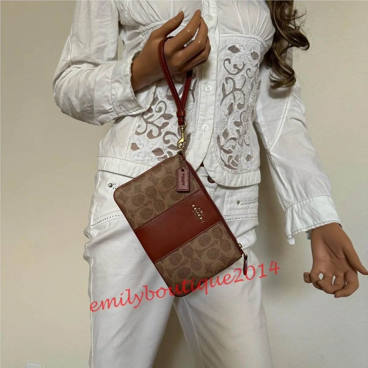 32445 Colorblock Coated Canvas Signature Small Zip Wristlet Tan Rust by Coach