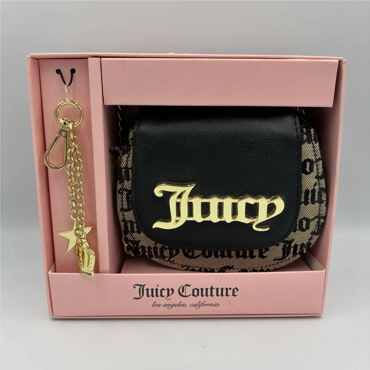 Mini Crossbody Bag Black Beige Gold Logo Accent Key Holder by Juicy Couture