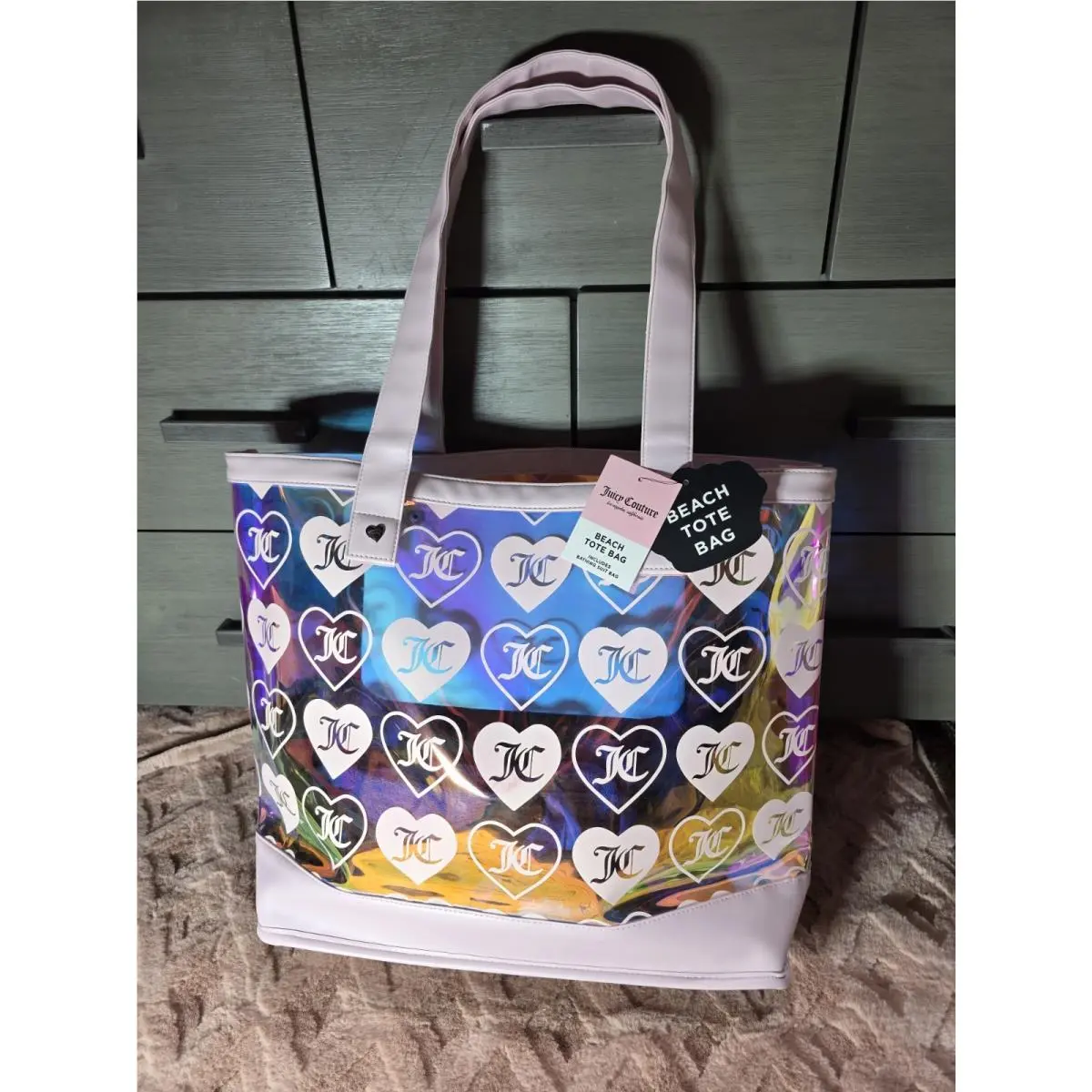 Heart Printed Extra Large Beach Tote Bag with Pouch by Juicy Couture
