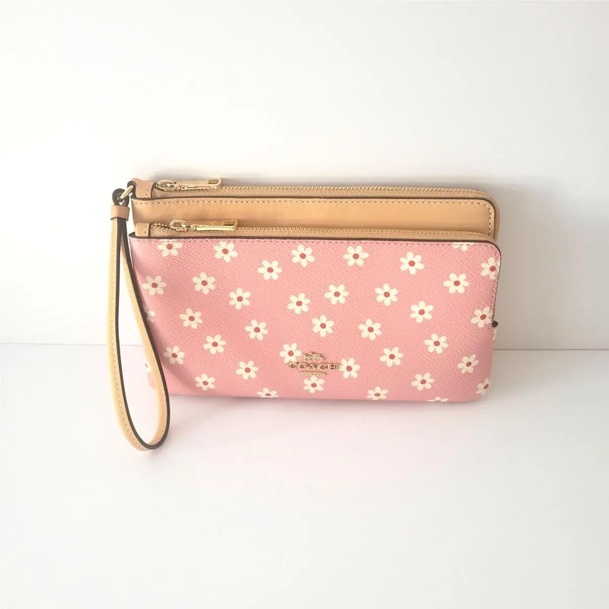 CEY48 Double Zip Wallet Floral Coated Canvas Leather Wristlet Pink Clutch by Coach