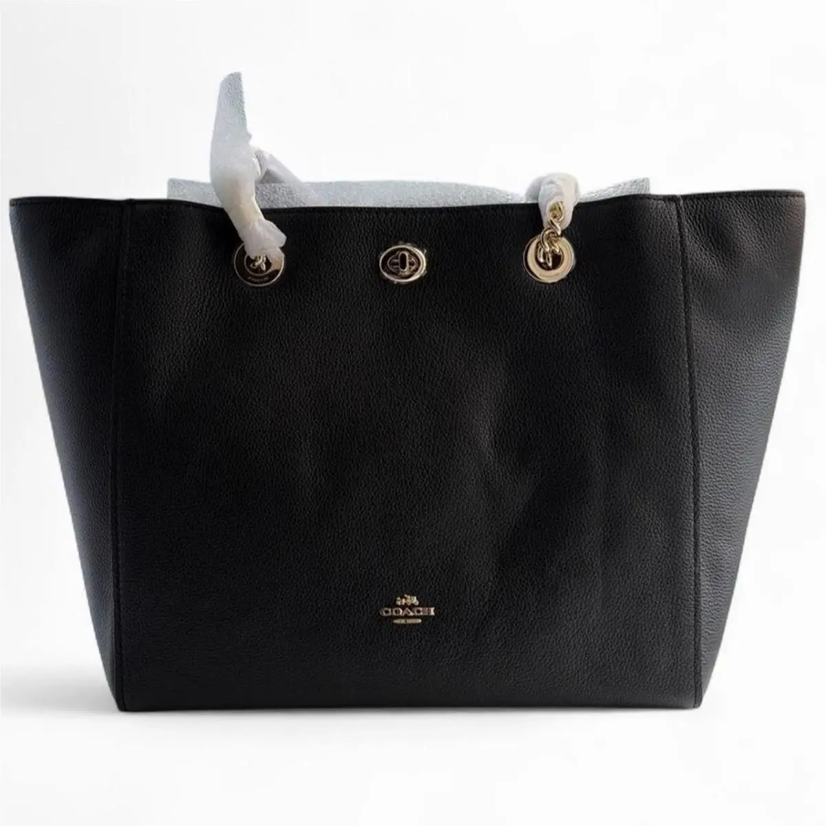 Large Black Tote Shoulder Bag Gold Chain Strap Turn Lock Zip Bag by Coach