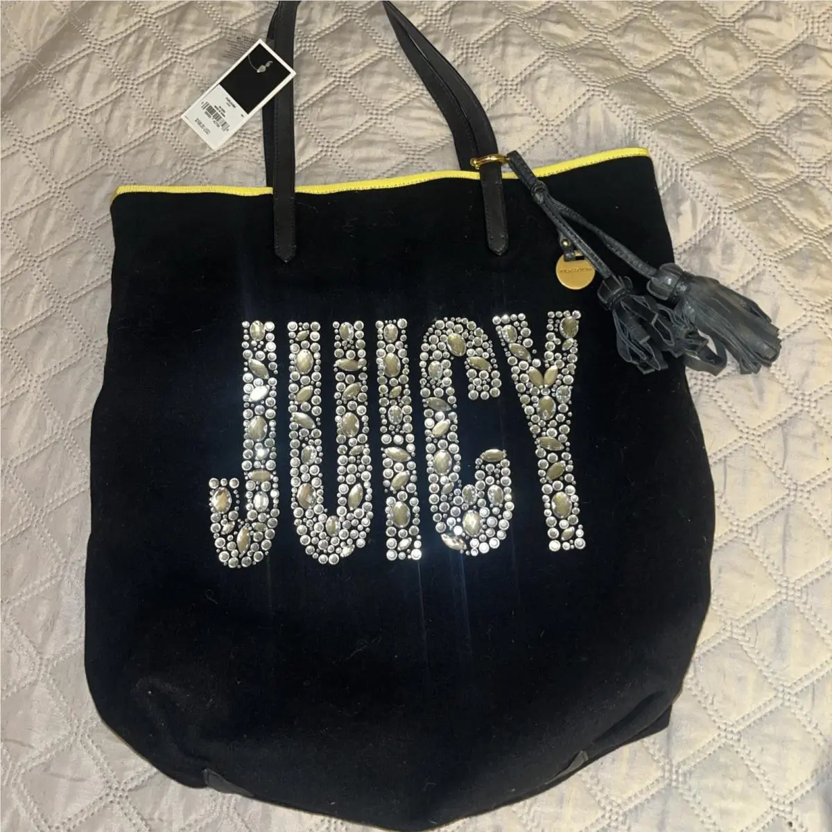 Vintage Y2K  Black Wool Rhinestone Tote Bag with Charm Tassel by Juicy Couture