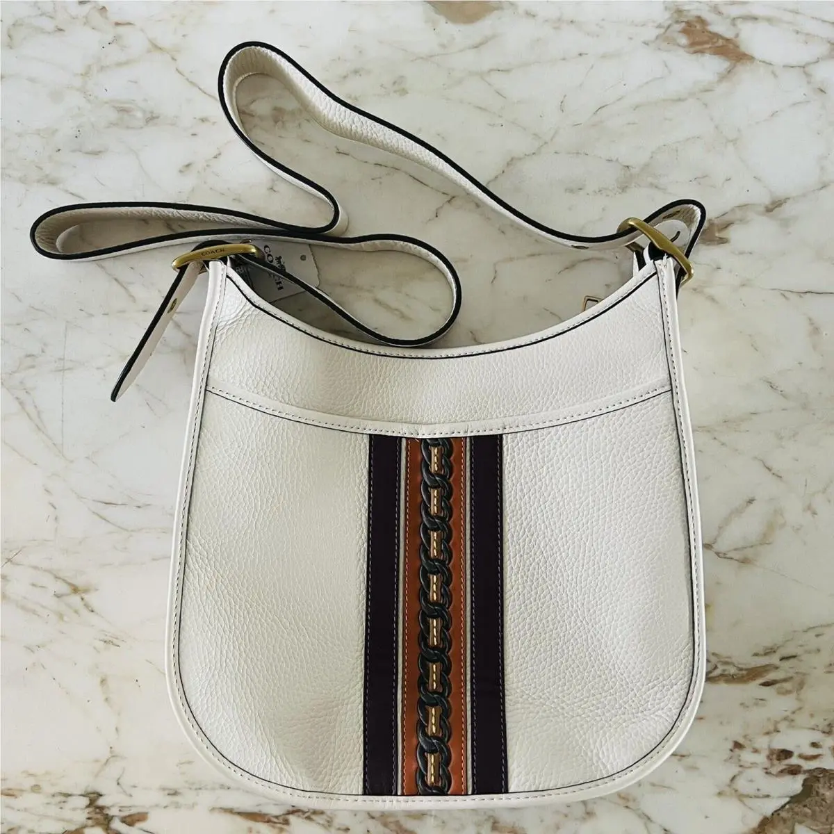 Emery Chalk Multi Pebble Leather Crossbody Bag with Varsity Stripe by Coach