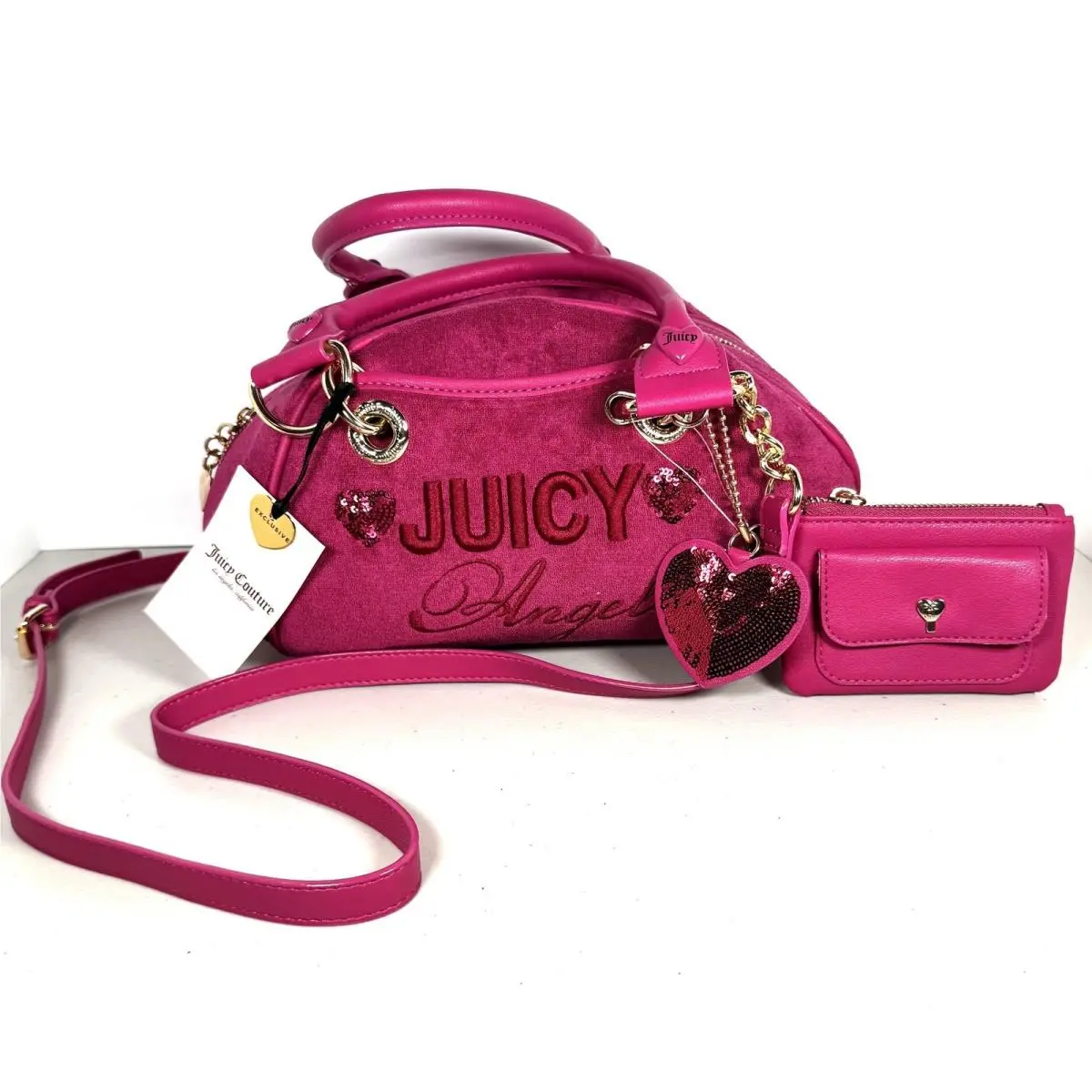Angel Velour Bowler Bag Pink Heart Charm Crossbody Tart Satchel by Juicy Couture