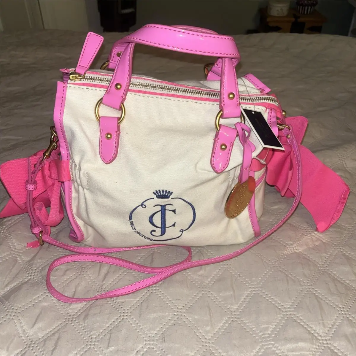 Miss Daydreamer Canvas Bag Pink White Bows Tote Crossbody by Juicy Couture