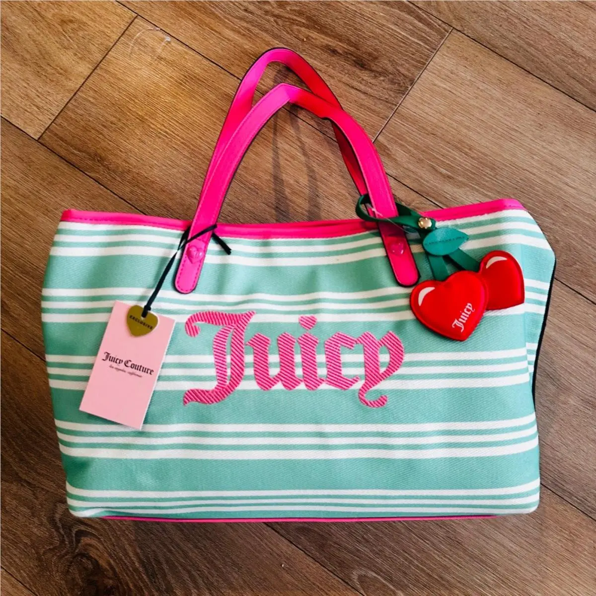 Paradise Tote Retro Green Striped Canvas Bag Pink Trim by Juicy Couture