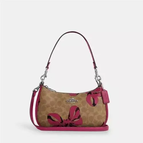 CAA70 Teri Shoulder Bag Signature Canvas Leather Bow Print Tan/pink Multi by Coach