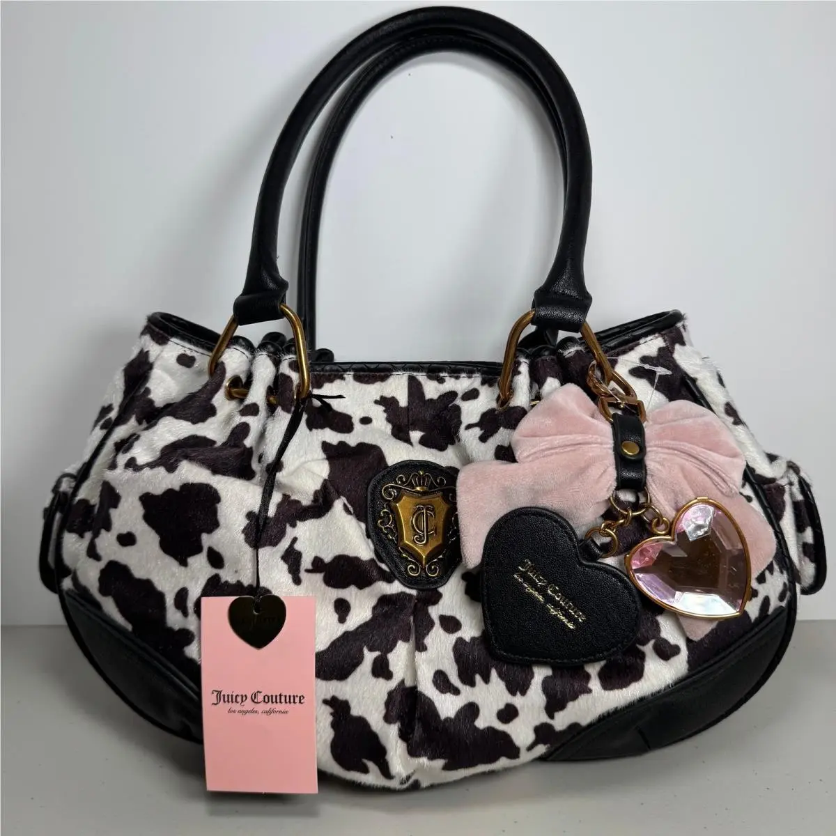 Romance Cow Print Satchel Bag Fur Pink Bow Heart Charm BW by Juicy Couture