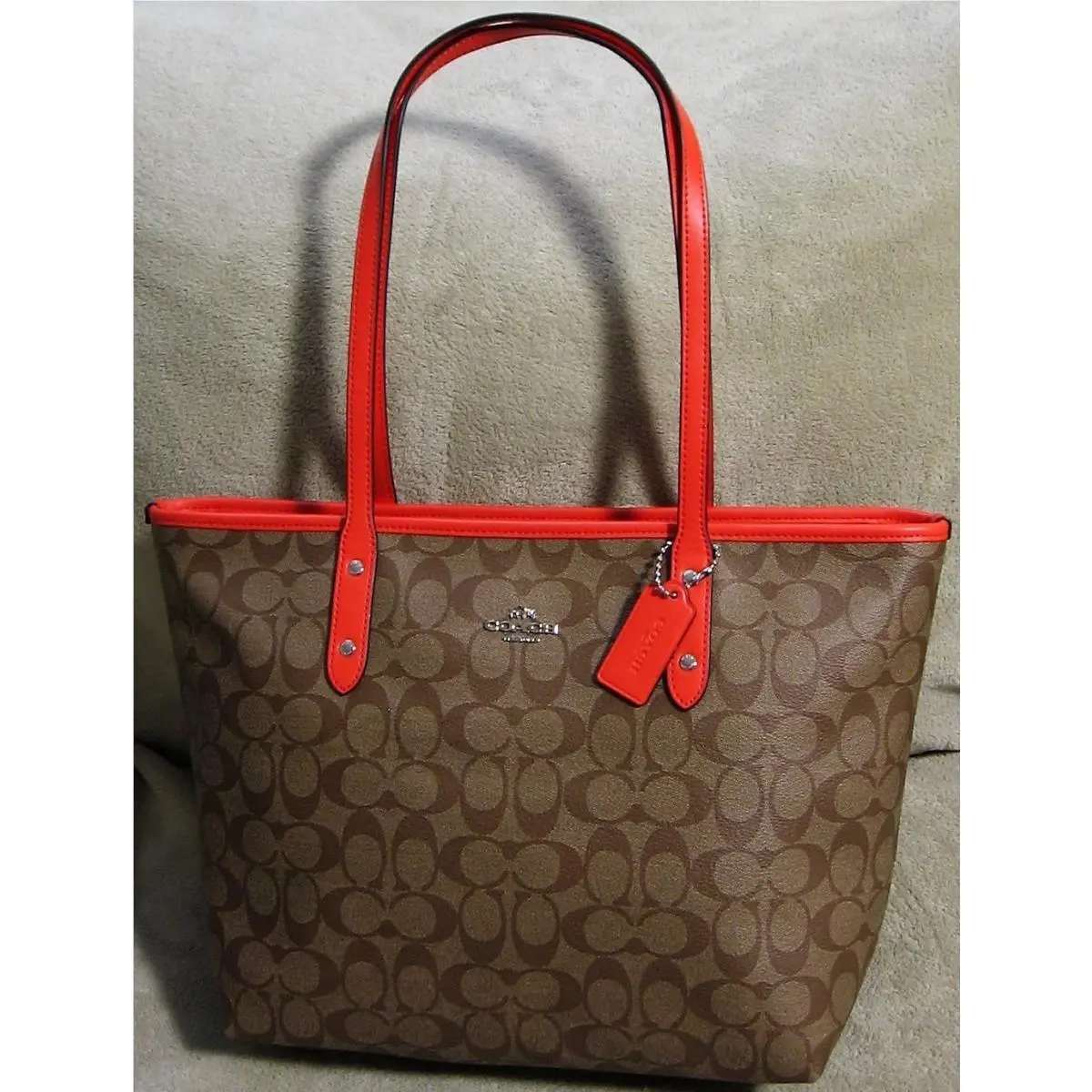 Brown Signature Canvas Orange Leather Satchel Tote Shoulder Bag by Coach