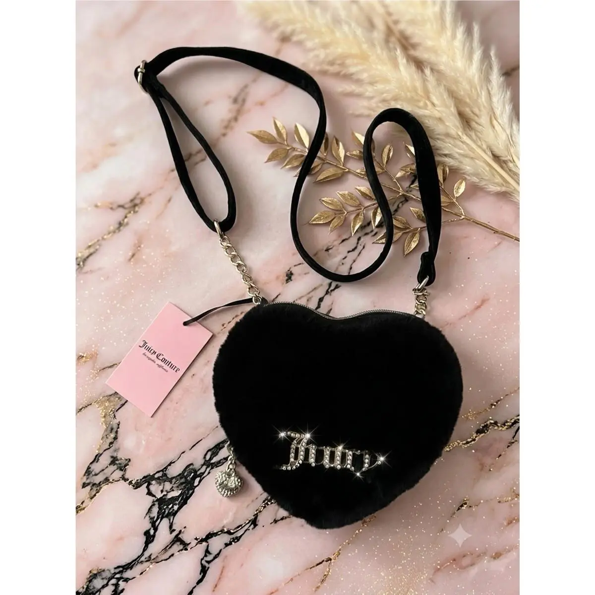 Heart Crossbody Bag Fluffy Fur Black Licorice Rhinestone by Juicy Couture