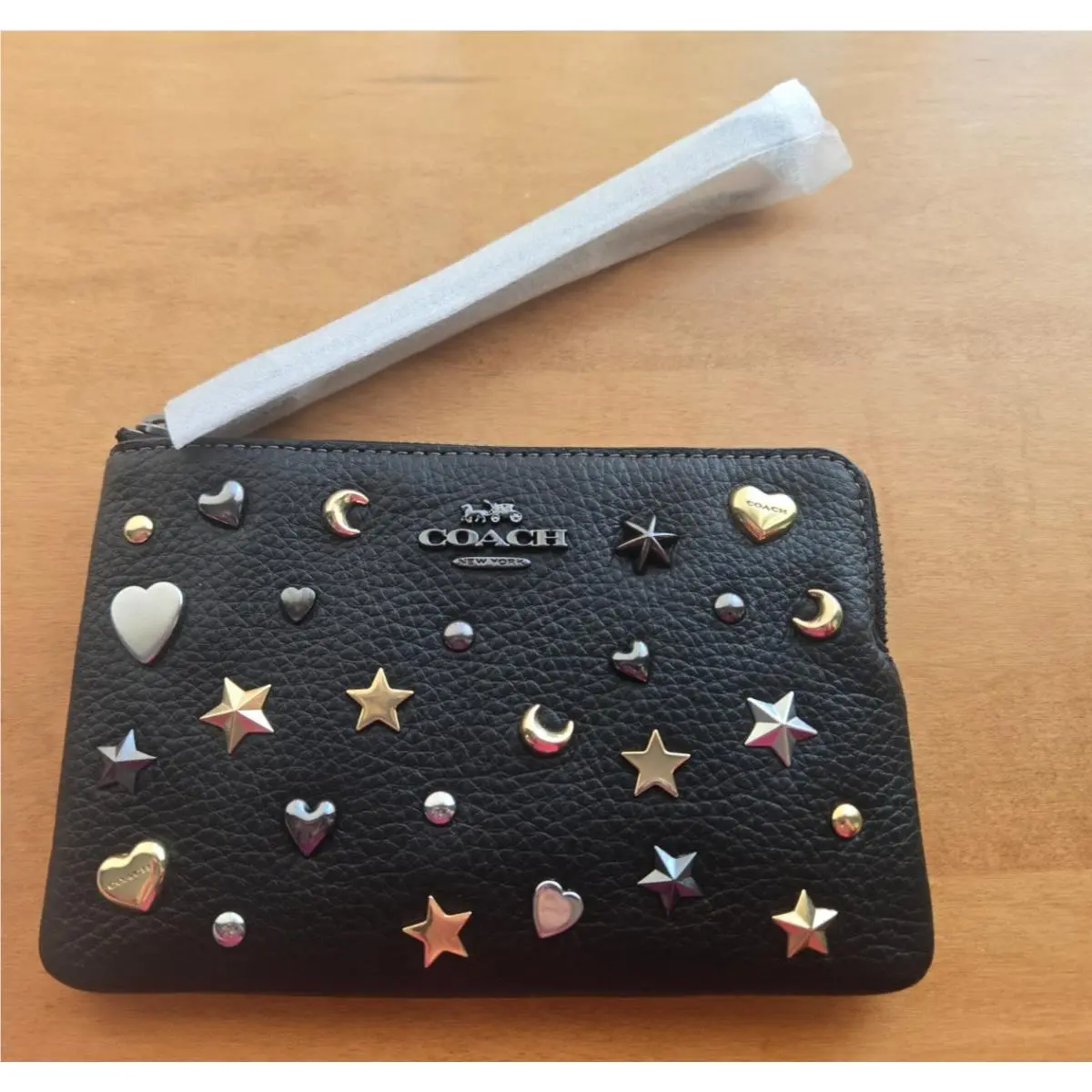 Black Leather Corner Zip Wristlet with Moon Star Heart Rivets CCJ75 by Coach