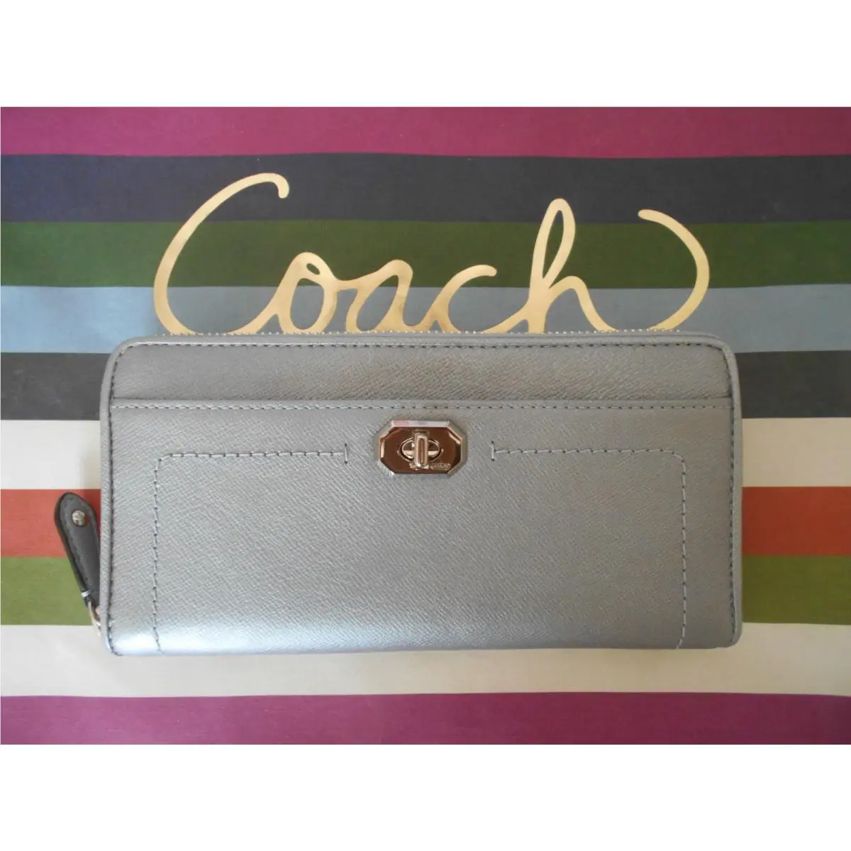NW  Silver Saffiano Leather Turnlock Zip Around Accordion Wallet Clutch 258 by Coach