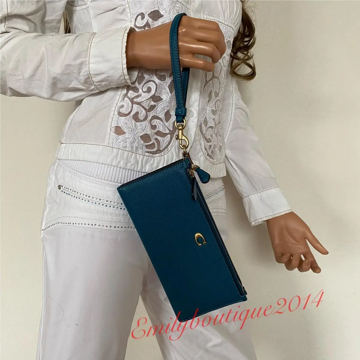 CC553 Double Zip Wallet In Pebble Leather in Deep Turquoise Wristlet by Coach