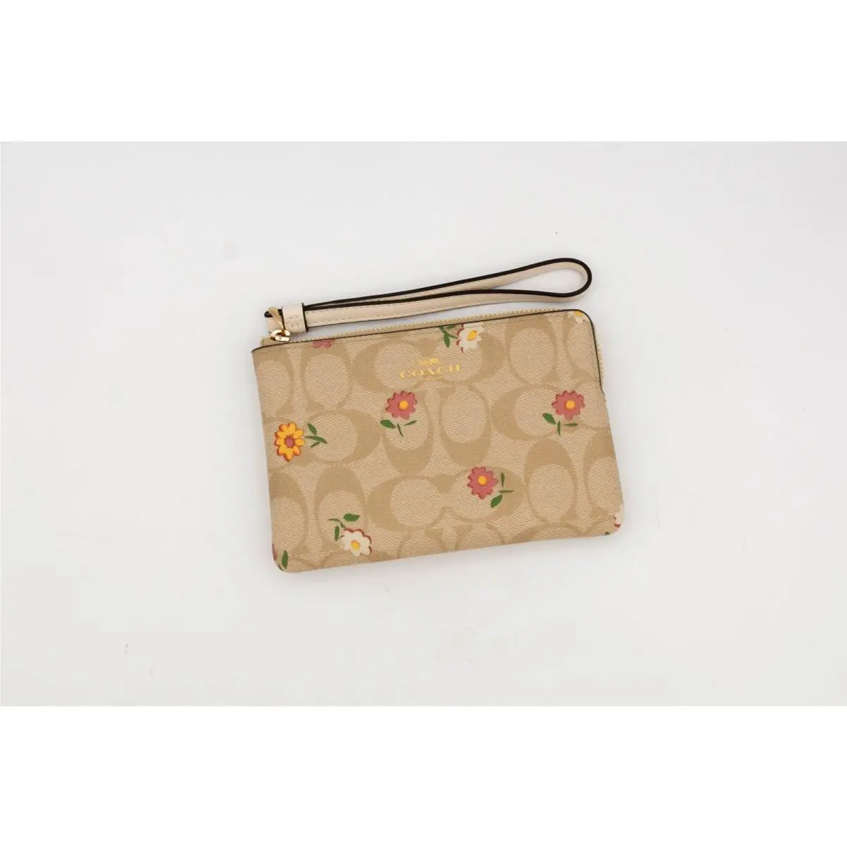Coach Signature Canvas Corner Zip Wristlet Nostalgic Ditsy Floral Print Beige
