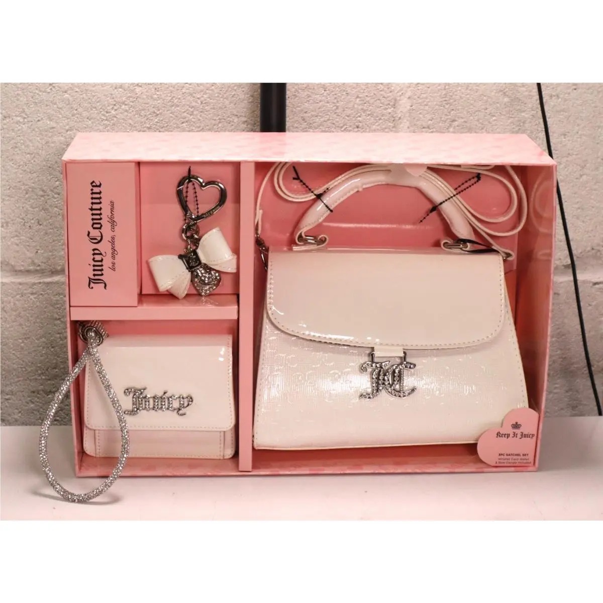 3 Pc Bling Rhinestone Satchel Wristlet and Keychain Set White by Juicy Couture