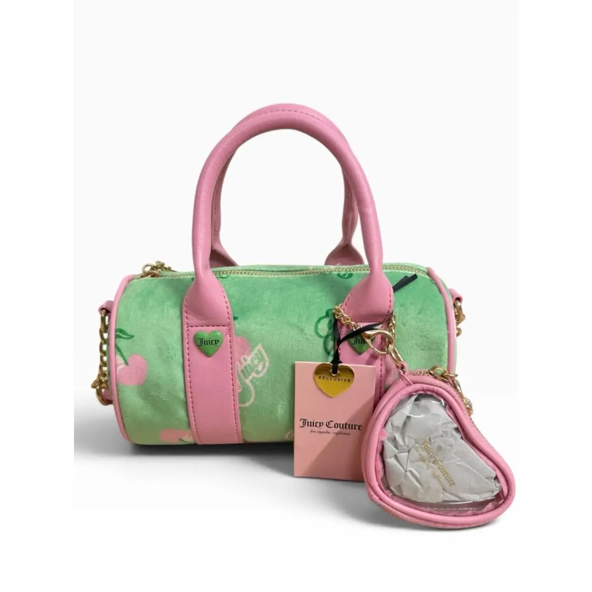 Retro Cherry Mini Barrel Bag Green Pink Velour Y2K Crossbody by Juicy Couture