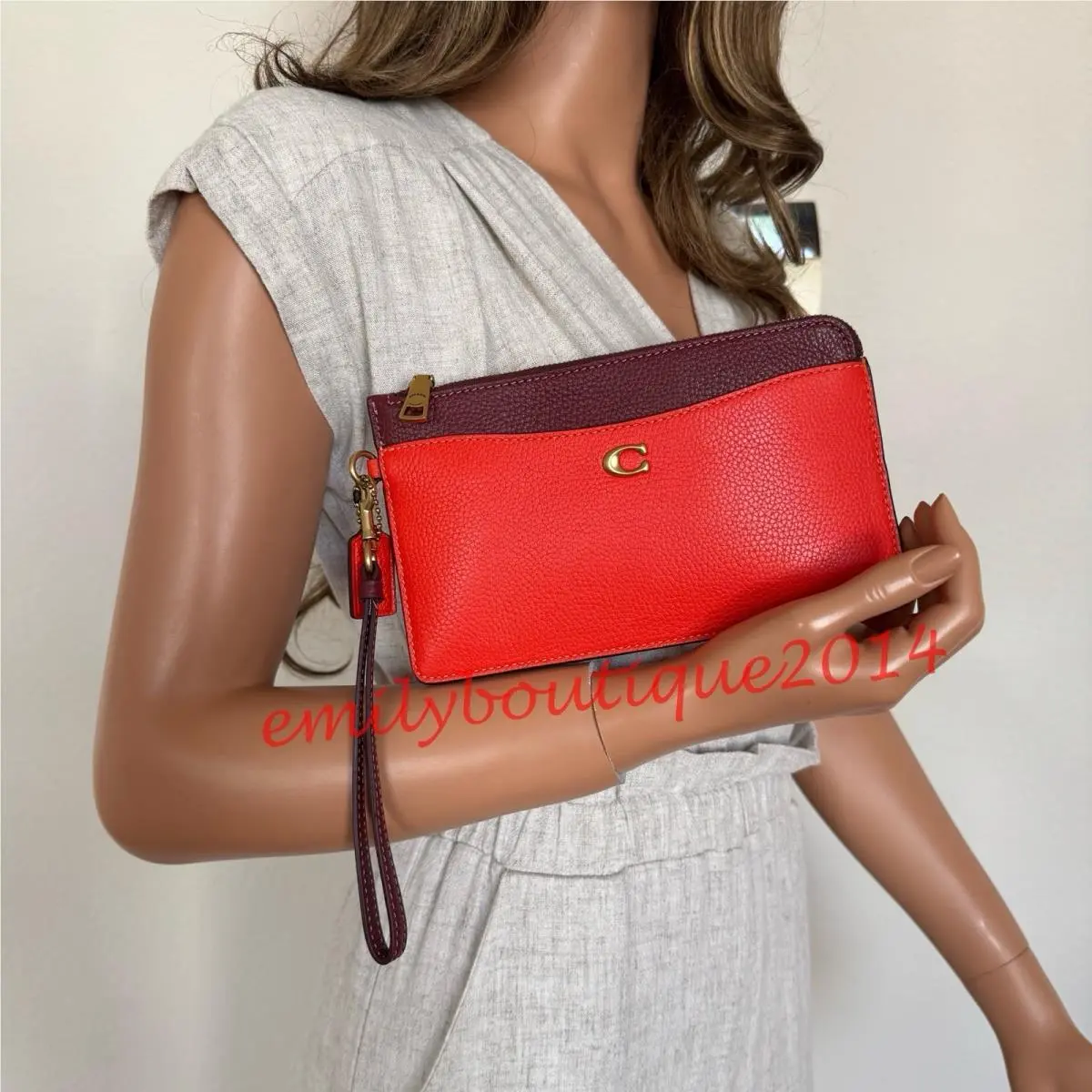 C8569 Large Zip Wristlet In Colorblock Leather Red Orange Wallet by Coach