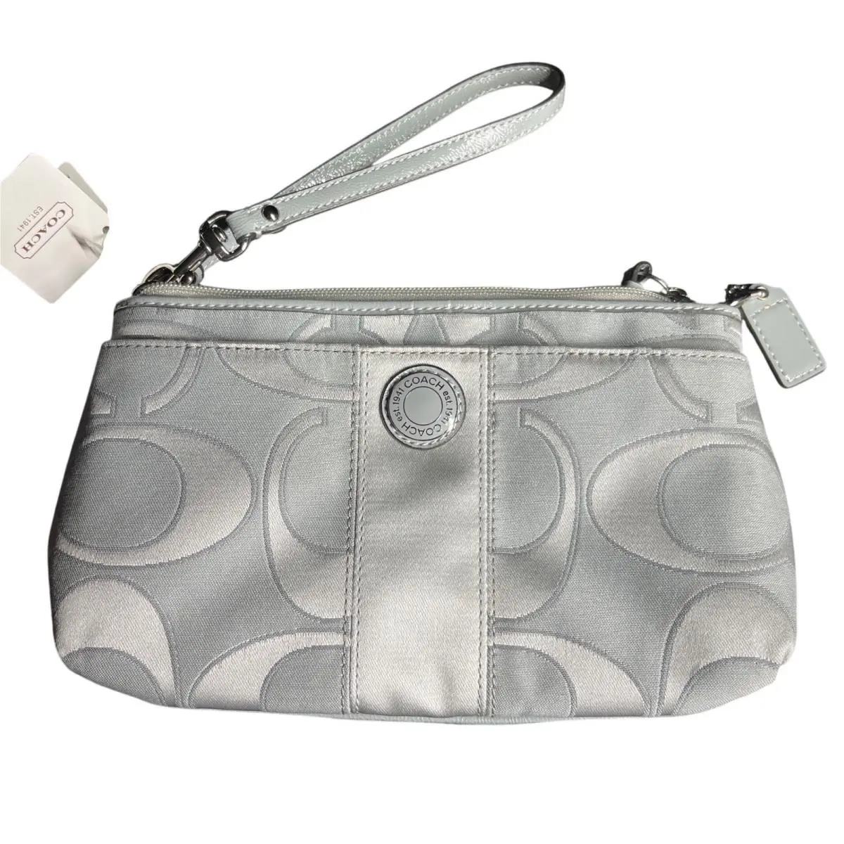 Wristlet Signature Stripe Outline C Sateen Silver Gray Small Bag Purse by Coach