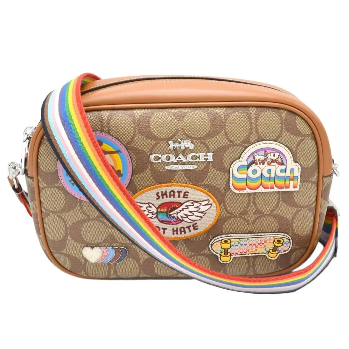 Coach Jamie Pride Patch Camera Crossbody Bag Khaki Signature Designer Handbag - Handle/Strap: Multicolor, Hardware: Silver, Lining: Brown