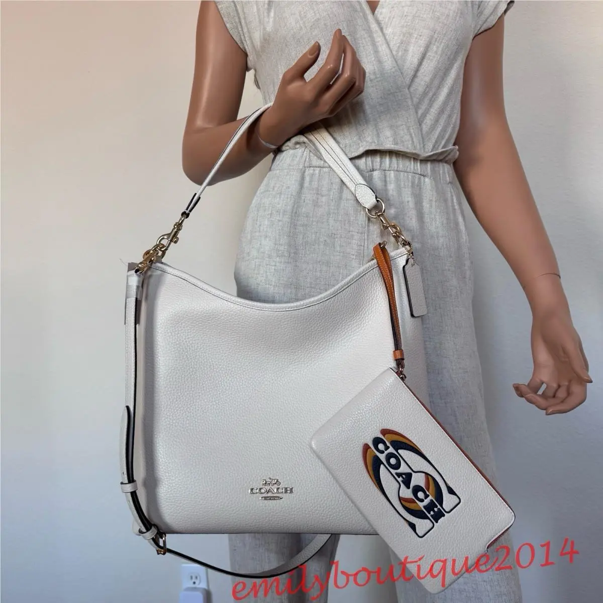 CY684 Laurel Large Shoulder Bag Soft Pebble Leather Chalk Wristlet Set by Coach