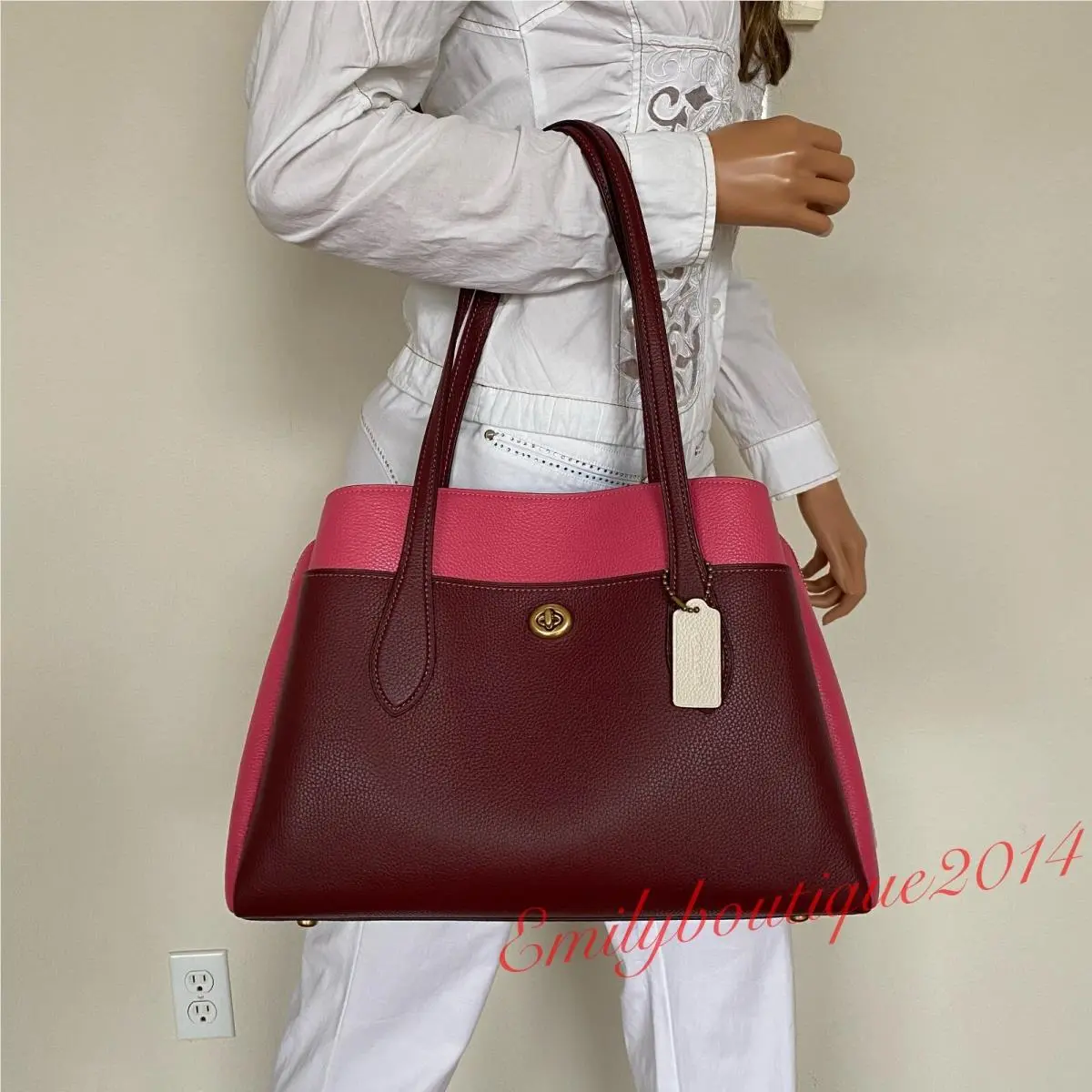 654 Lora Carryall In Colorblock Pebble Leather Shoulder Bag Wine Pink by Coach