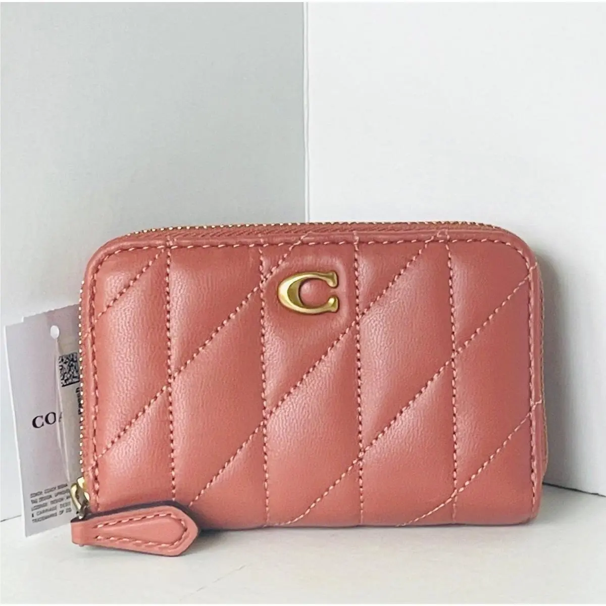 Essential Small Zip Card Case CM505 Dark Peach Quilted Leather Wallet by Coach