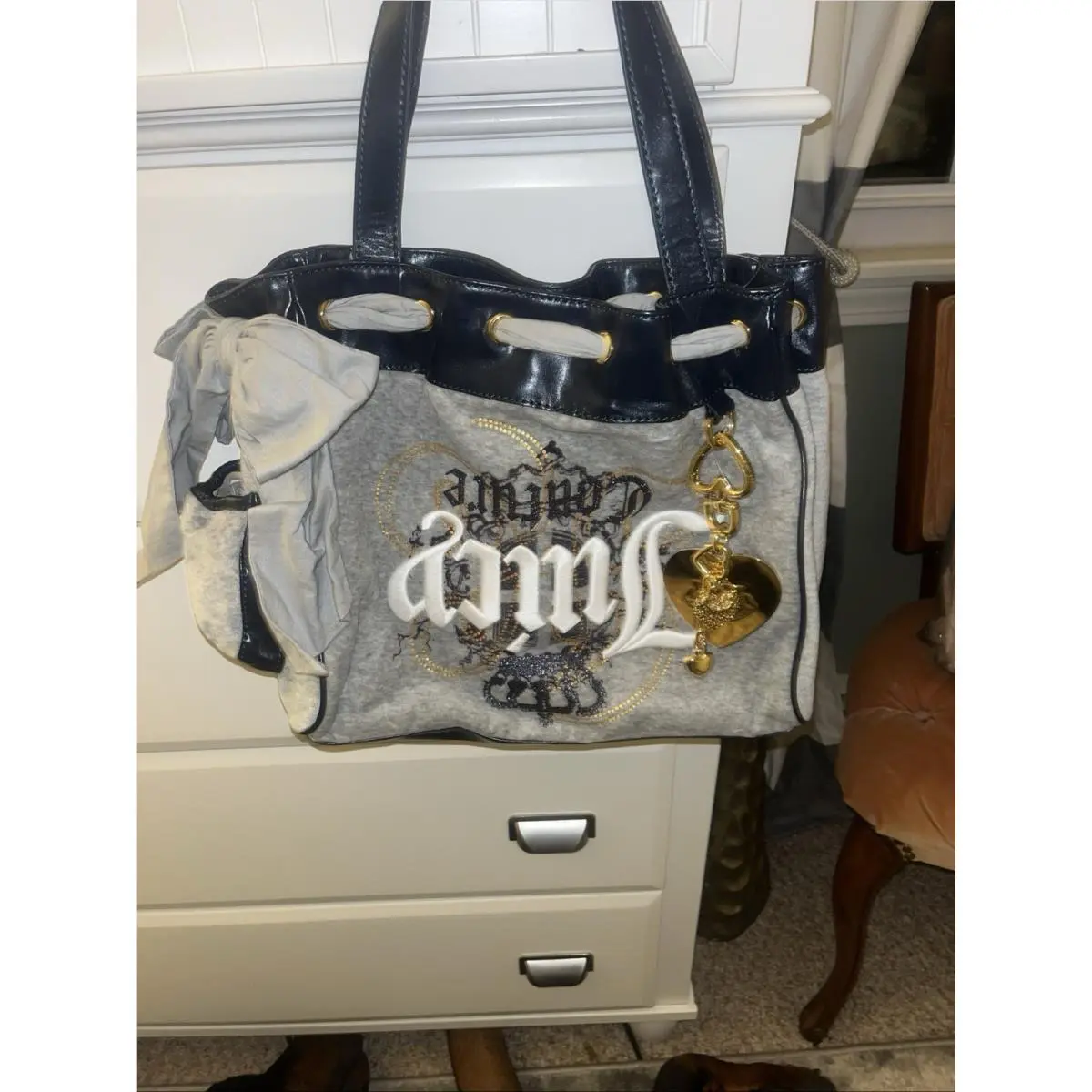 Vintage  Daydreamer Bag Grey Velour Upside Down Logo Y2K by Juicy Couture