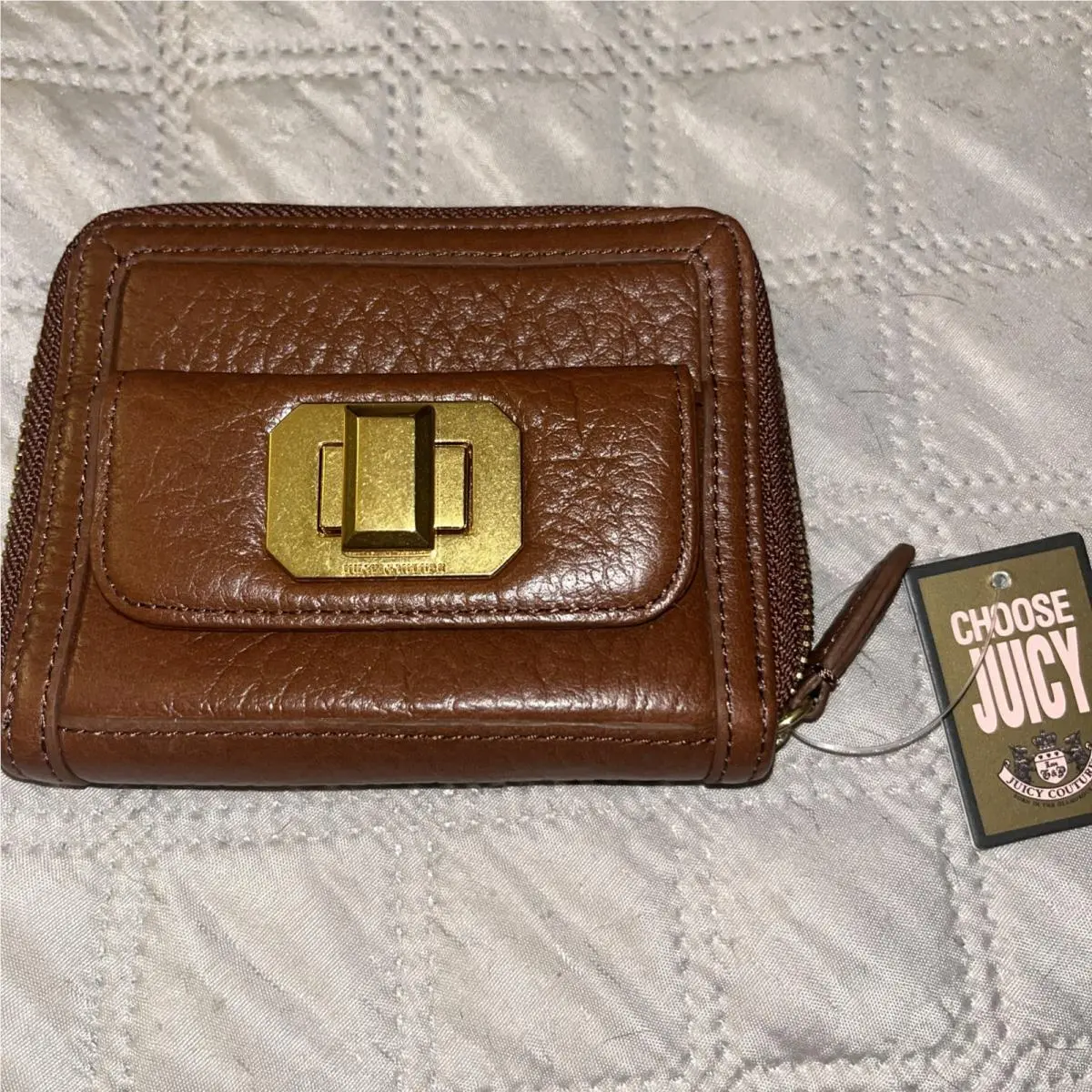 Cognac Brown Leather Zip Around Wallet Clasp Pocket YSRU2098 by Juicy Couture