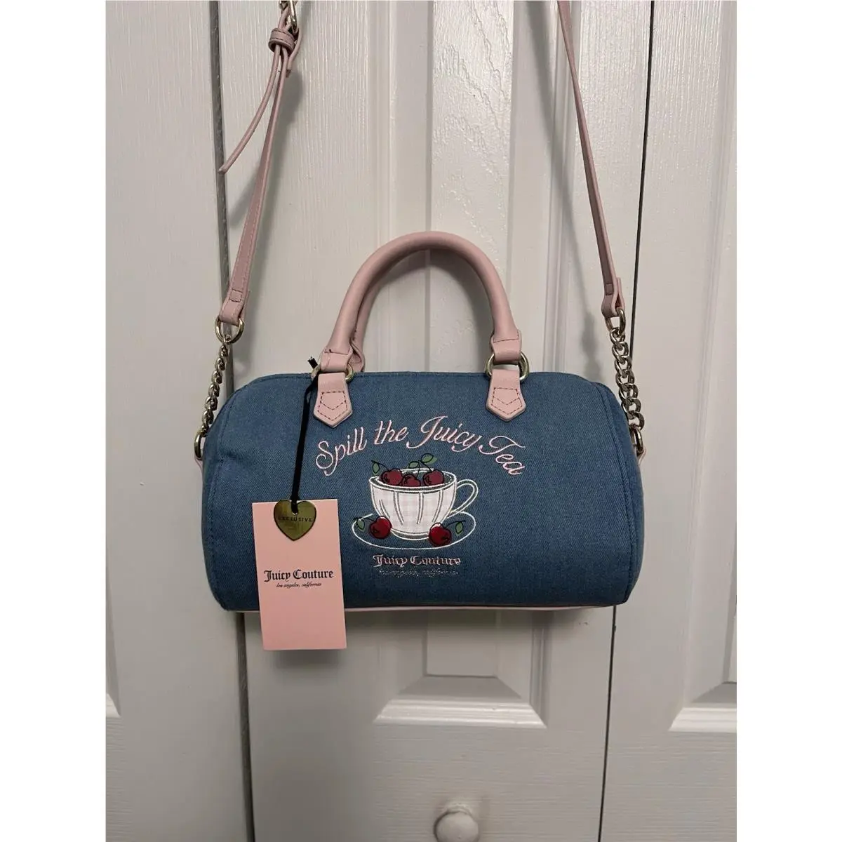 Spill The Juicy Tea Denim Barrel Bag Cherry Crossbody Strap by Juicy Couture