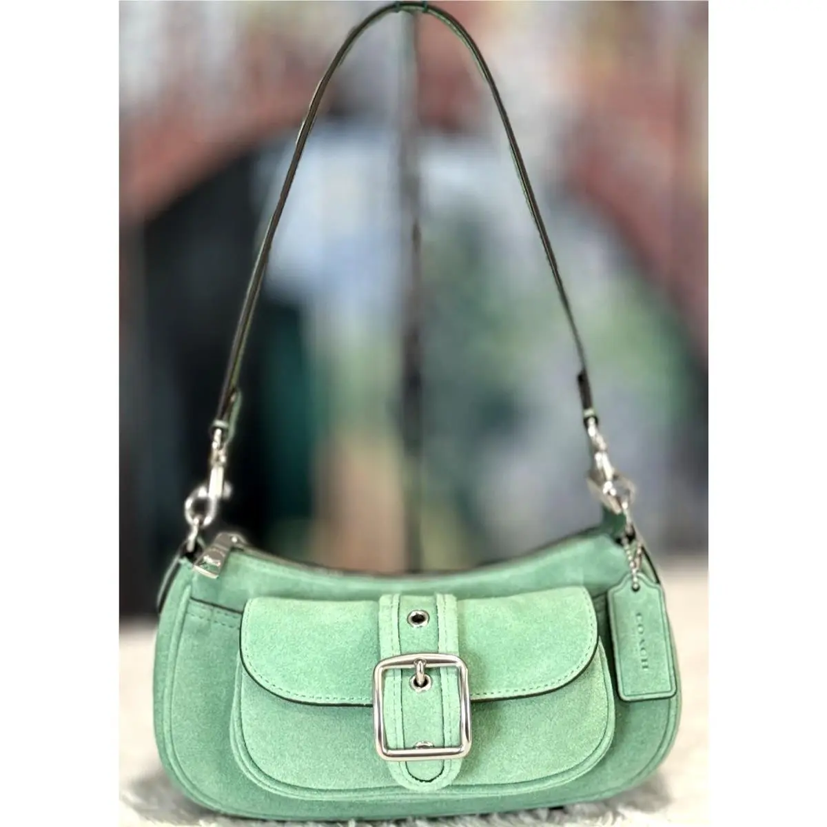 Ashton Mini Shoulder X-body Bag CCZ49 In Mint Green Suede Leather by Coach
