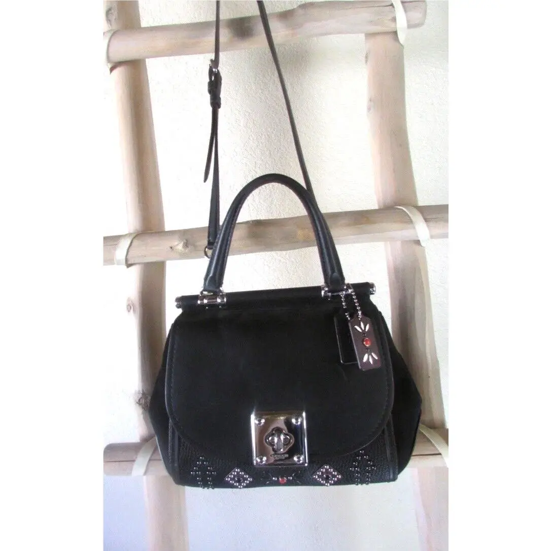 57659 Drifter with Western Rivets Top Handle in Black Leather Suede by Coach