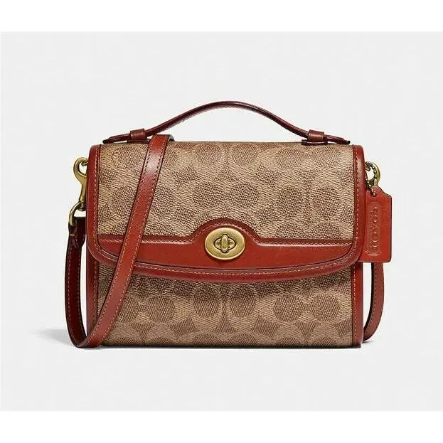 Kip Turn-lock Crossbody Satchel Signature Canvas Tan Rust C4204 by Coach