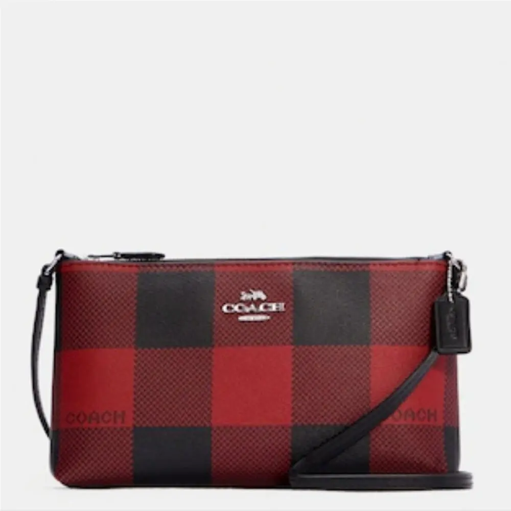 Zip Top Crossbody with Buffalo Plaid Print Red Black by Coach