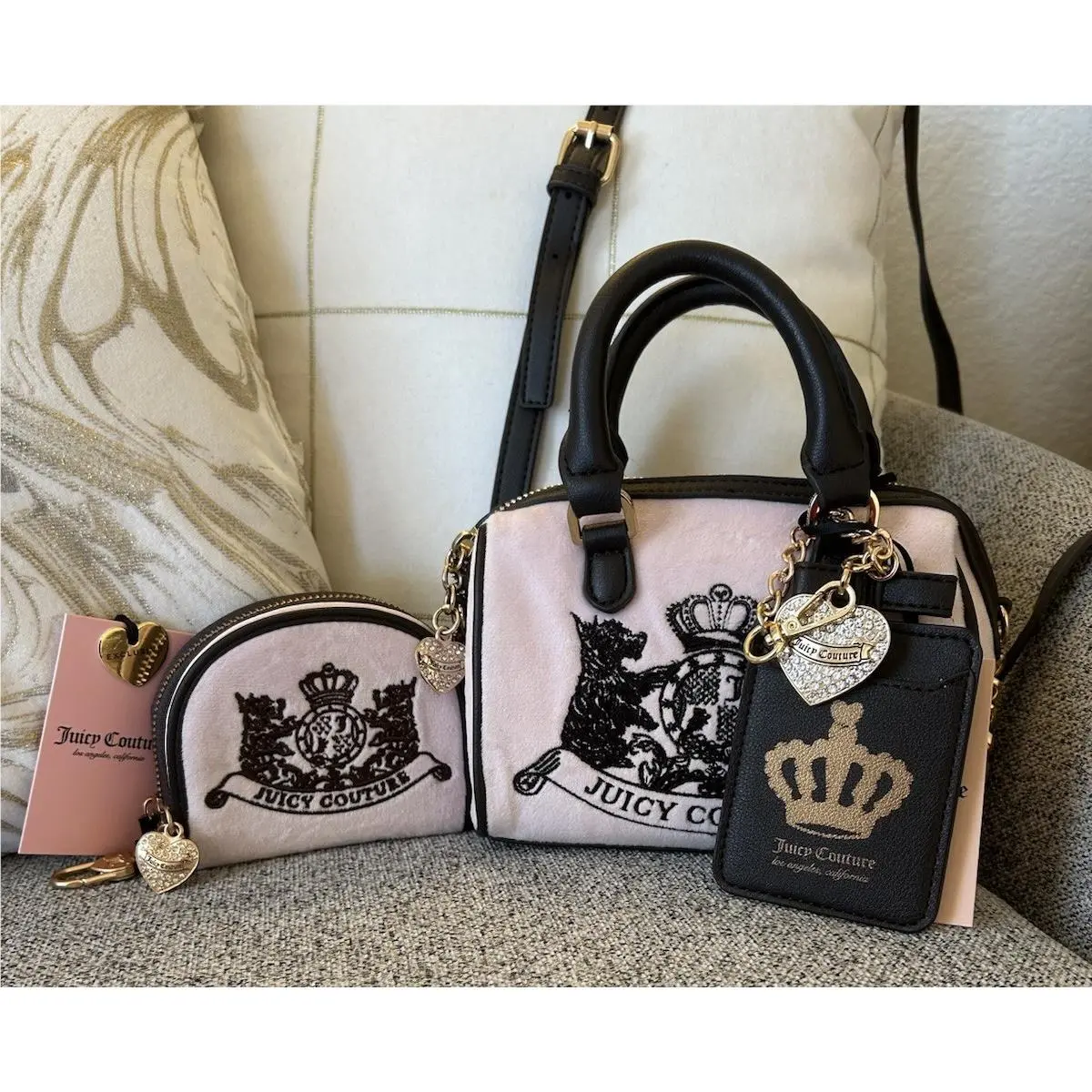 Velour Classic Scottie Dogs Mini Satchel Bag Wallet Set Pink by Juicy Couture