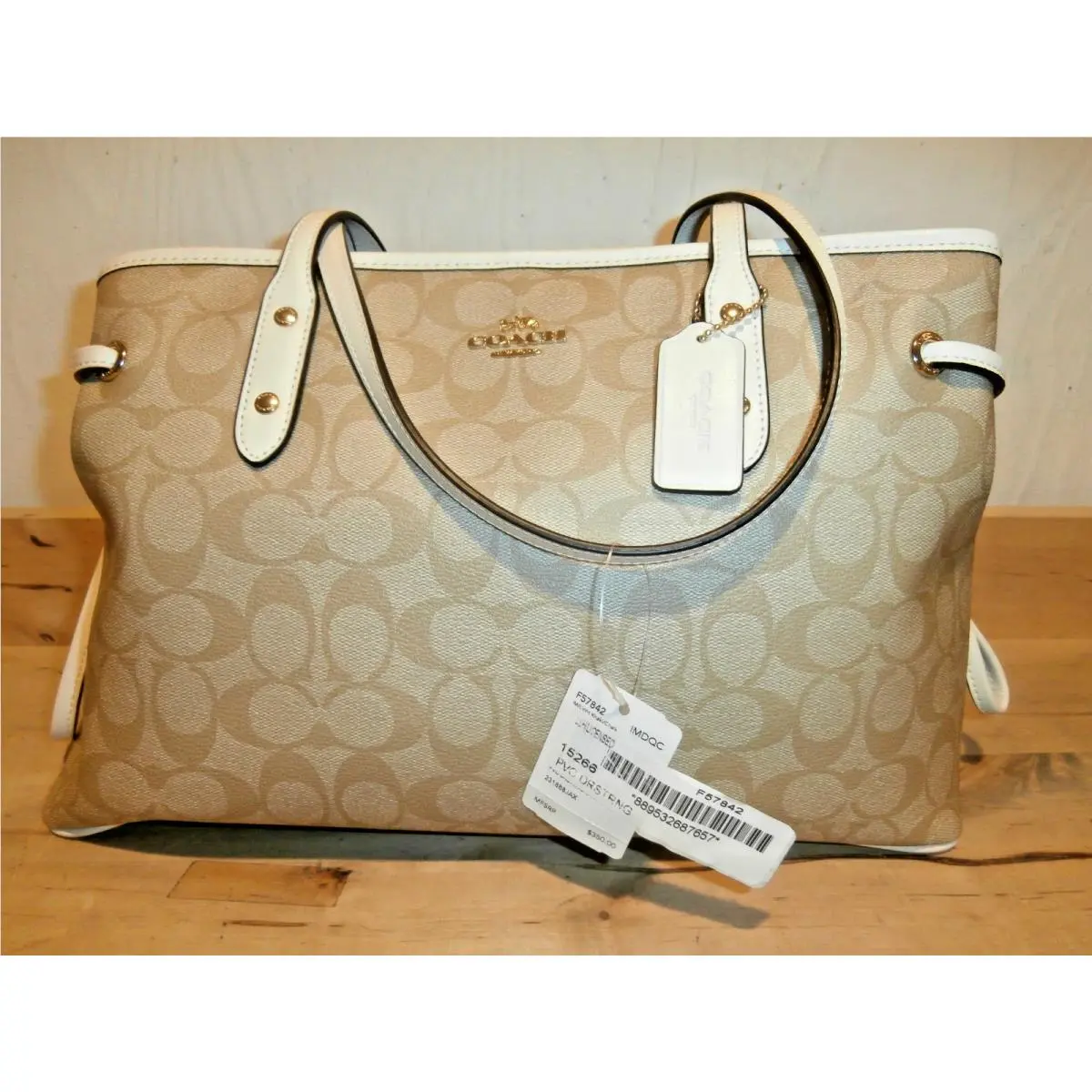 Ivory  Signature Tote Bag Treated Canvas Leather Trim Drawstring by Coach