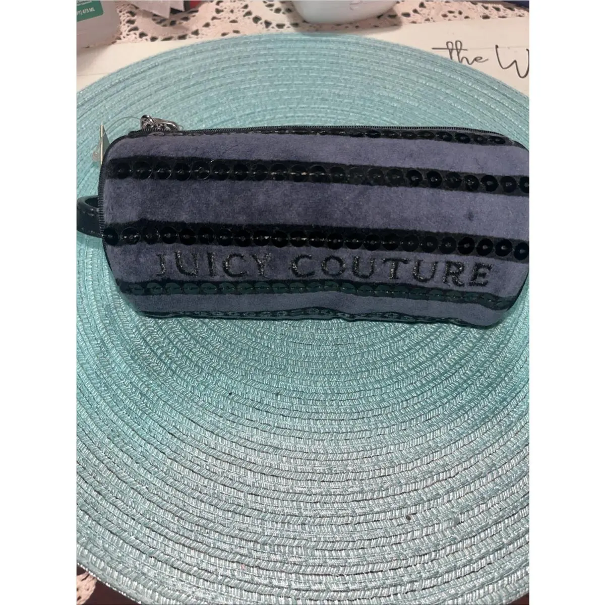 Y2K Vintage  Navy Velour Sequin Barrel Bag Pouch Make Up Bag by Juicy Couture