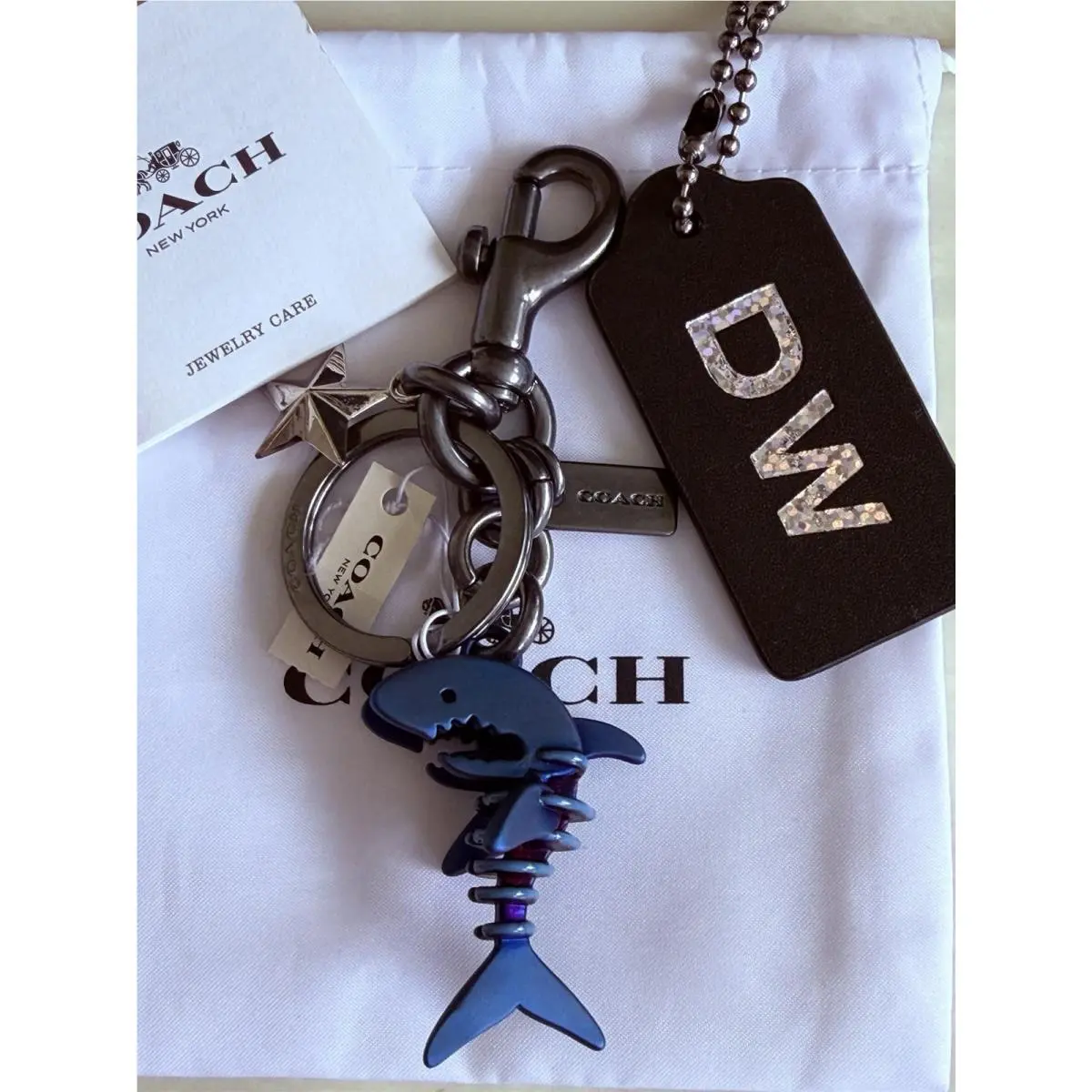 Metallic Denim Blue Metal Shark Sharky Bag Charm Keyring Star Charm by Coach