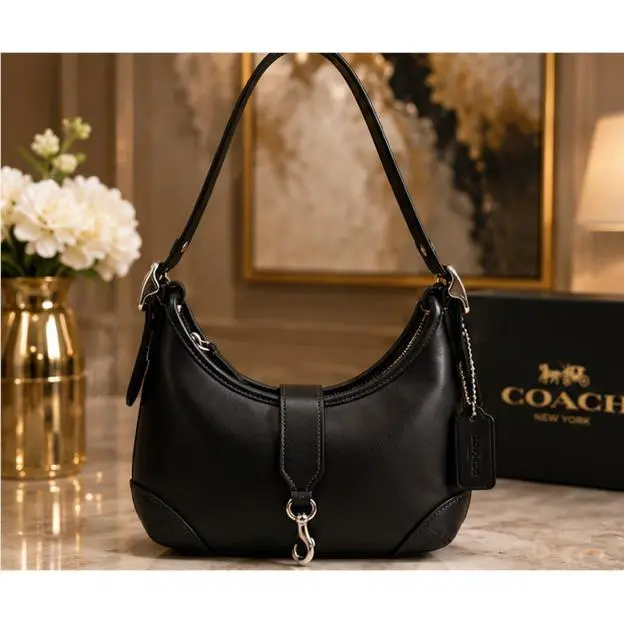 Hamptons Small Leather Hobo Bag Black by Coach