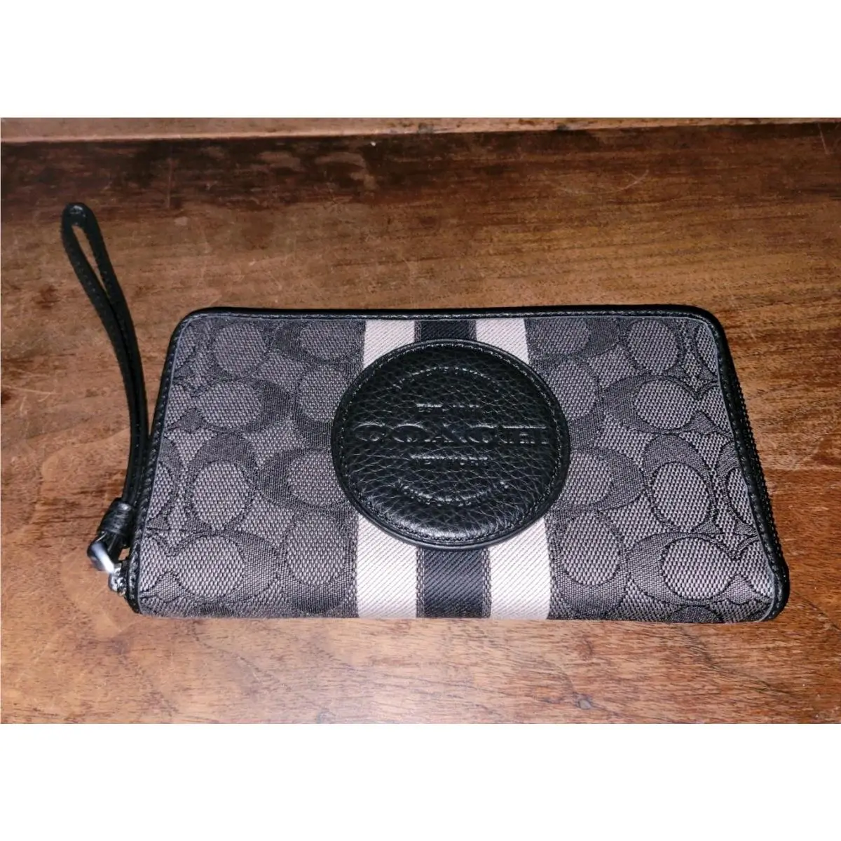 Black Smoke Dempsey Phone Wallet Signature Jacquard w/ Stripe Patch by Coach