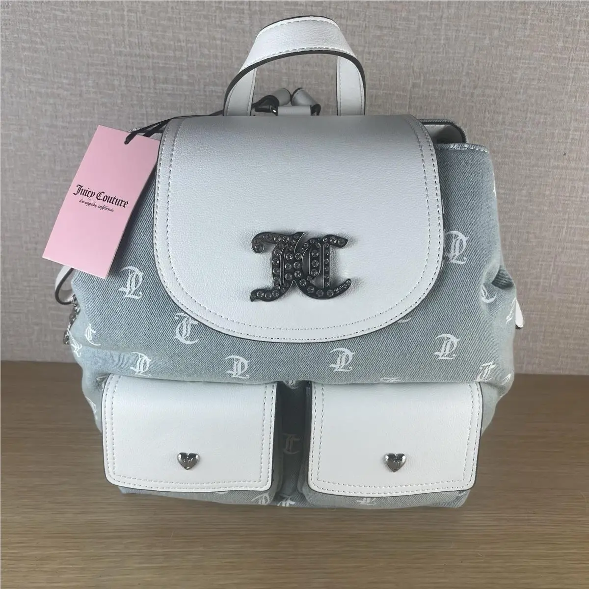 Denim Monogram Back To Class Backpack Rhinestonelogo Whitetrim by Juicy Couture