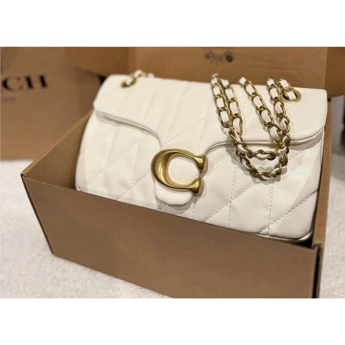 White Solid Logo Small Shoulder Bag Magnetic Closure Chain Strap Gold by Coach