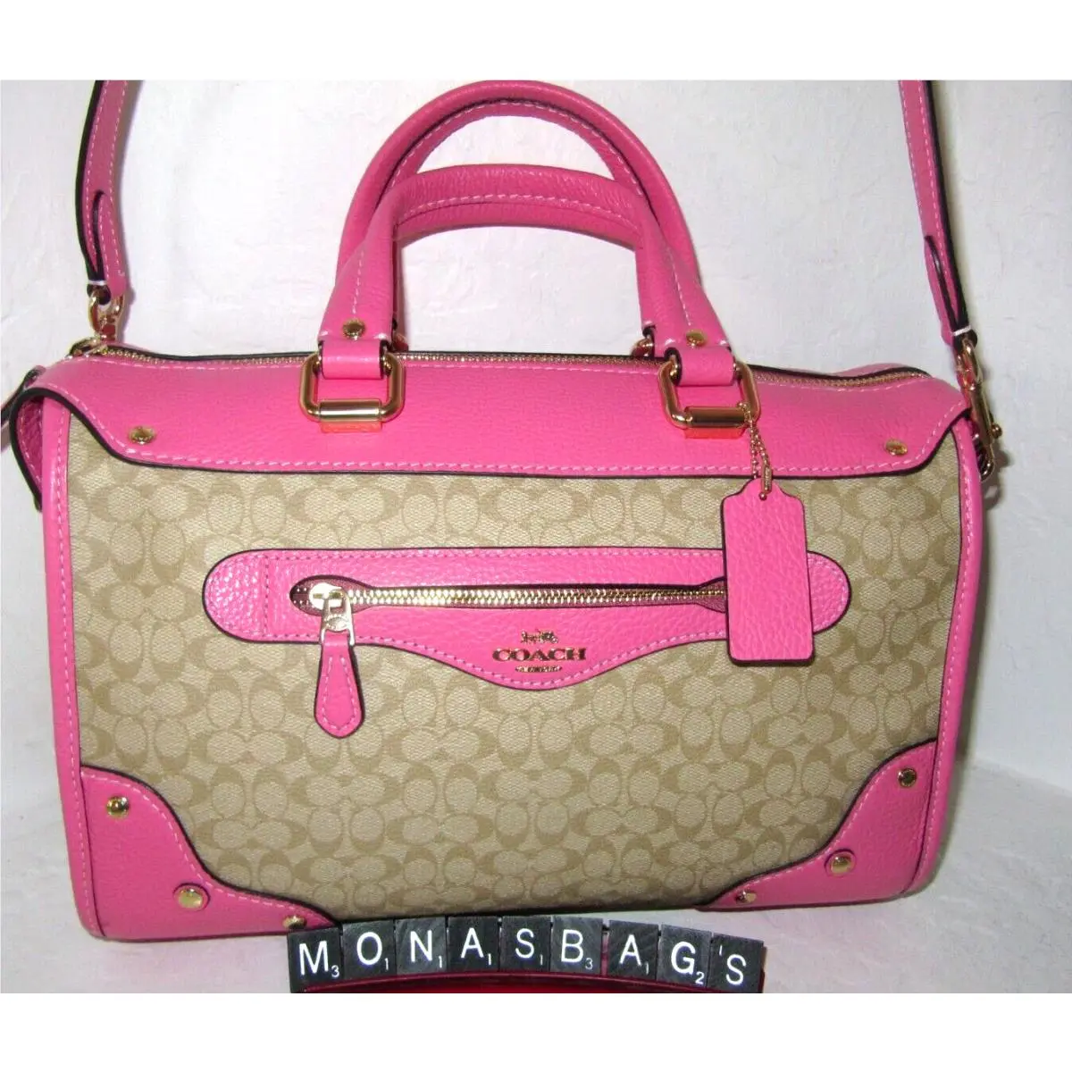CE637 Millie Satchel Bag Petunia Pink Leather Light Khaki Signature by Coach
