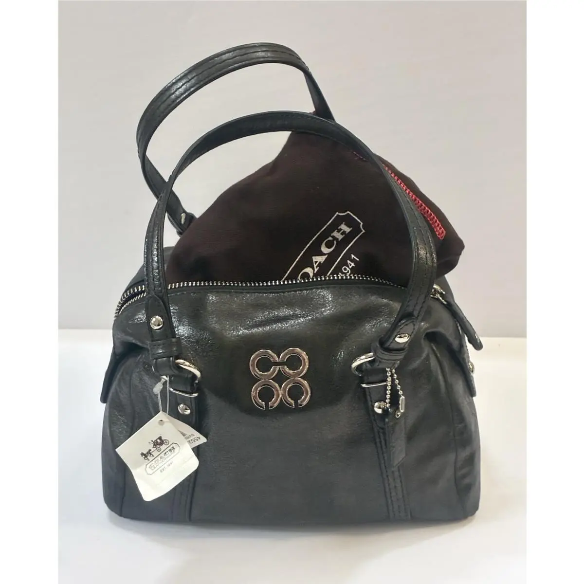 Julia Small Black Metallic Leather Shimmering Satchel Bag + Dust Bag by Coach