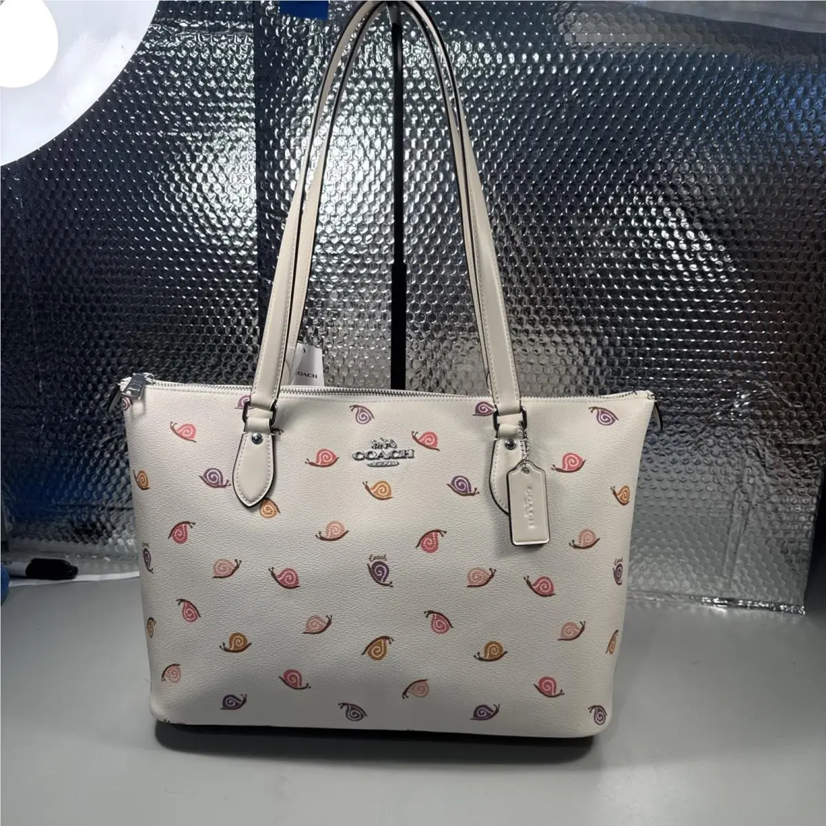 Large Leather Gallery Tote Bag W Snail Print and Zip Closure 1058 by Coach