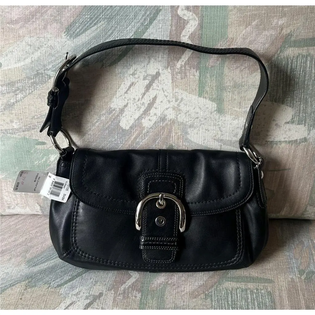 Vintage F13105 Black Leather Flap Shoulder Bag w/ Silver Buckle Y2K by Coach
