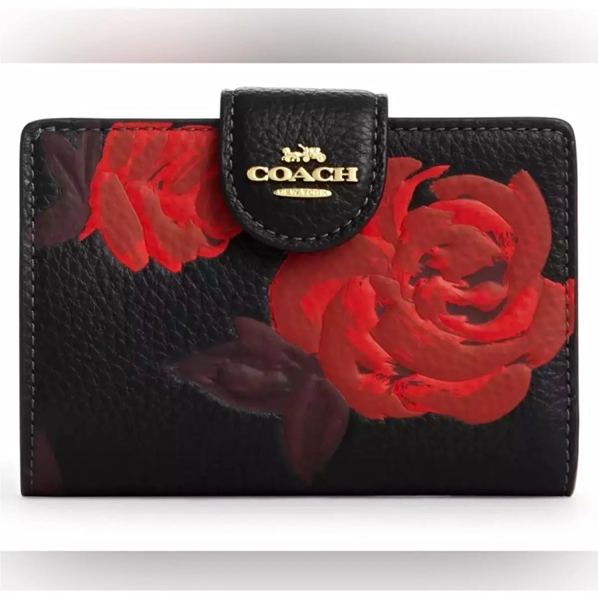 Corner Zip Black/red Floral Wallet w/ Logo Folding Credit Card Slots by Coach