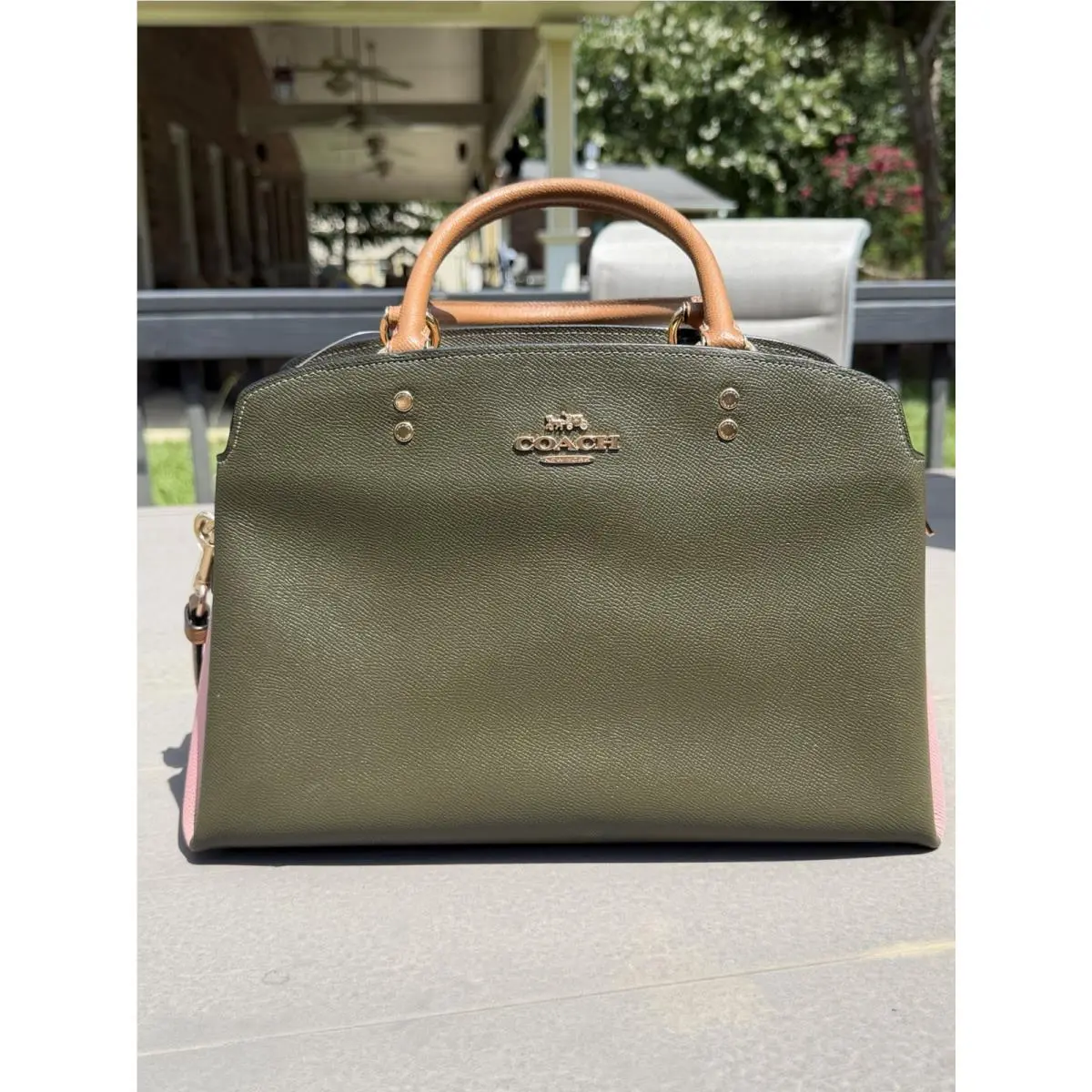 Lillie Carryall in Colorblock Crossgrain Leather Style 91162 Olive / Pink by Coach
