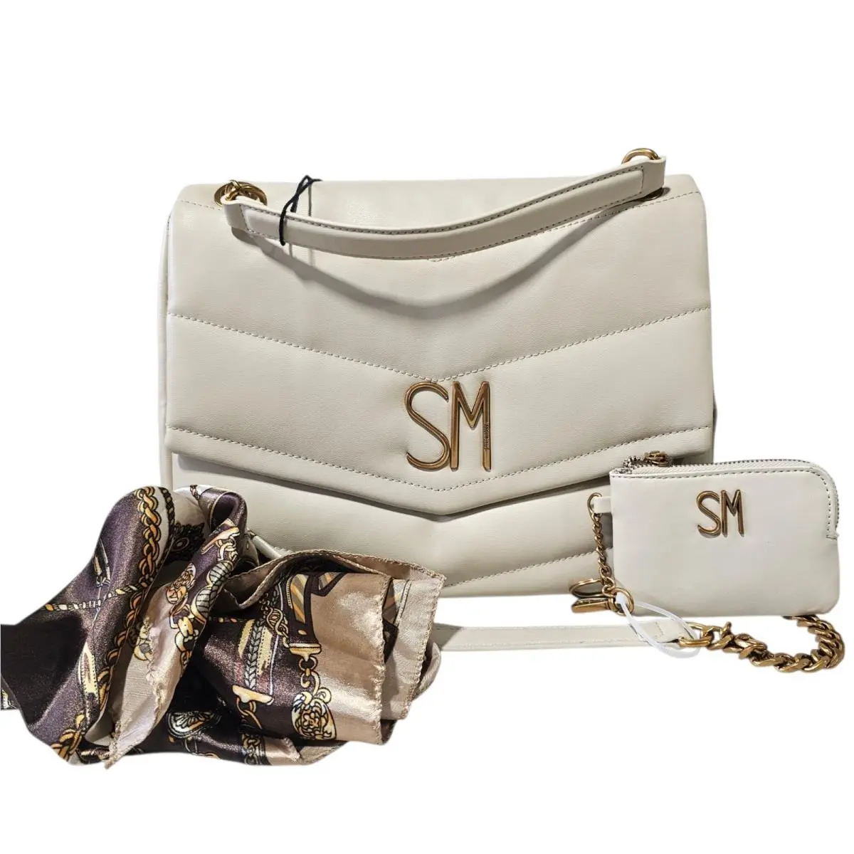Quilted Beige Hand Bag with Chain Strap and Matching Change Purse by Steve Madden