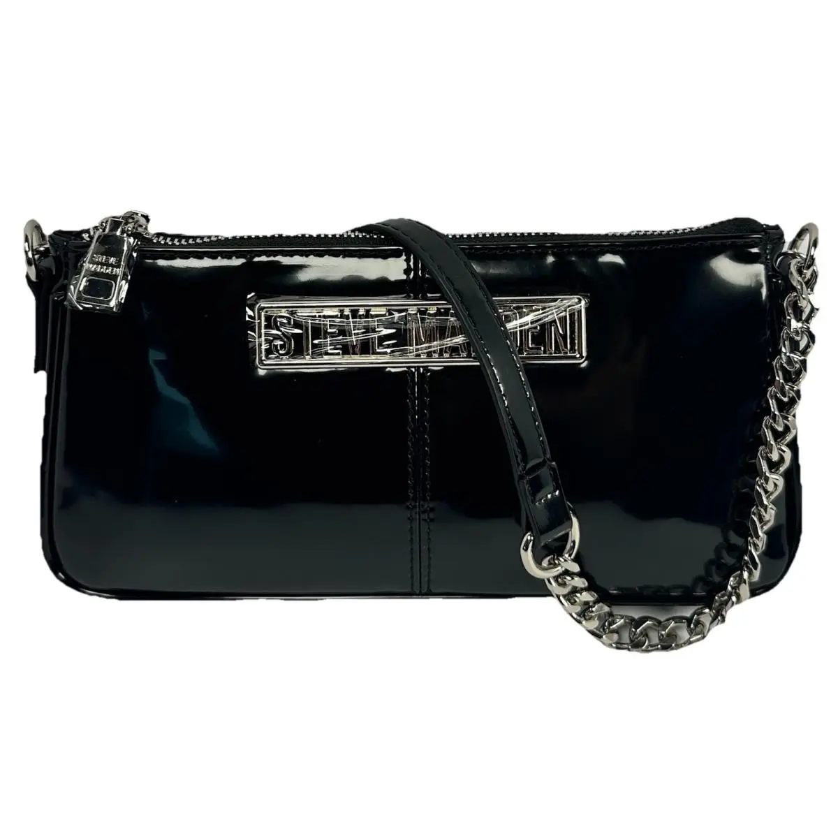 Steve Madden Black Patent Baguette Shoulder Bag Chain Strap Purse